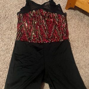 red and gold bodysuit with built in pants